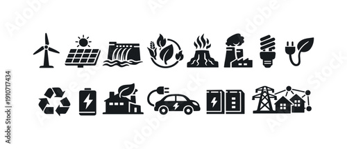 Collection of diverse renewable and traditional energy source icons on a white background