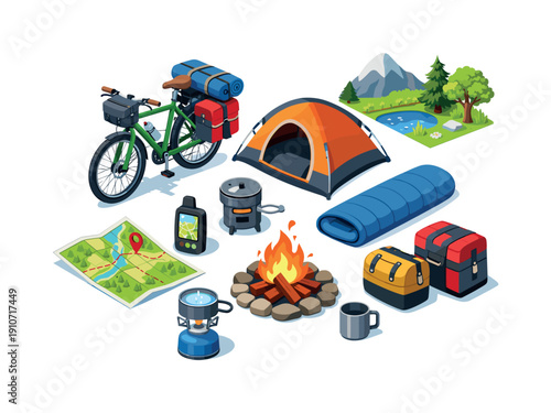 Camping and cycling adventure gear laid out for an outdoor expedition