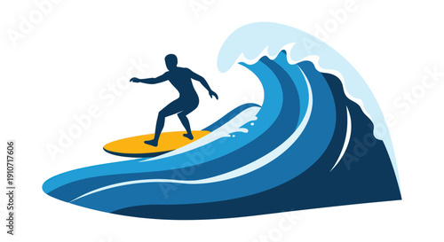 Silhouette Surfer Riding a Large Blue Ocean Wave.