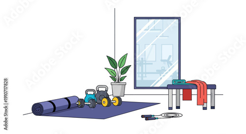 Home Gym Equipment with Yoga Mat Weights and Jump Rope.