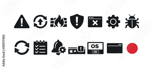 Collection of modern flat icons representing computer security and system functions