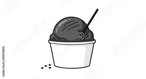 Dark Ice Cream Scoop in White Cup with Spoon Illustration.