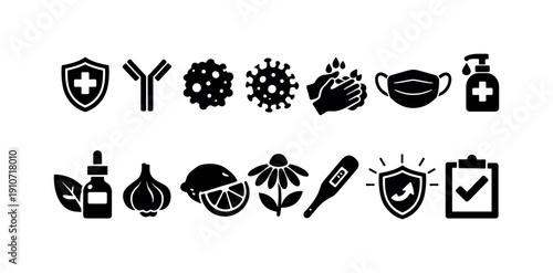 Health and immunity icons: virus protection, natural remedies, and medical care symbols