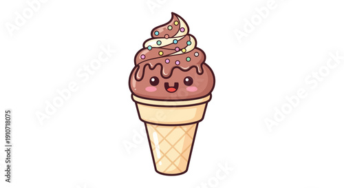 Adorable Kawaii Chocolate Ice Cream Cone with Cute Face.