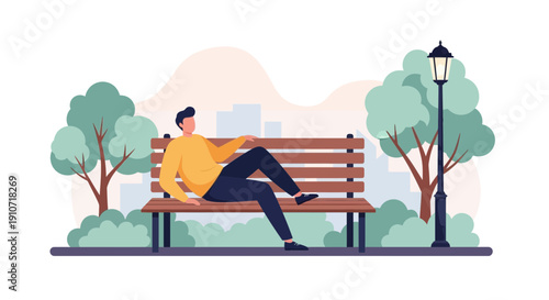 Man Relaxing on Park Bench A Moment of Leisure and Reflection.