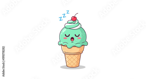 Cartoon Ice Cream Cone Sleeping with Cherry on Top.