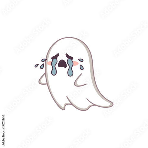 Crying ghost in cartoon style with blue tears in simple flat design for halloween illustration