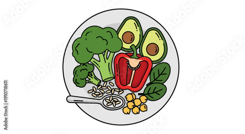 Fresh Broccoli Avocado Red Pepper Spinach and Chickpeas on a Plate.