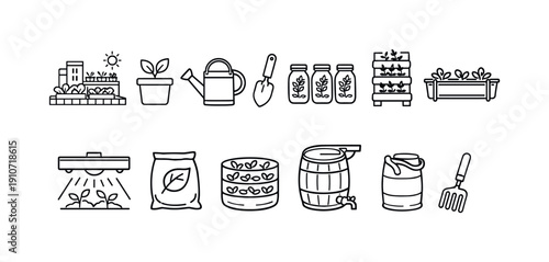 Collection of line art icons representing urban gardening and farming equipment and supplies