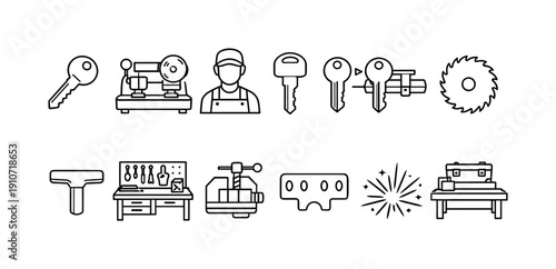 Locksmith tools and equipment icons for key cutting and security services