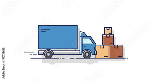 Blue Delivery Truck with Stacked Cardboard Boxes.