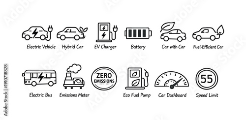 Collection of icons representing sustainable transportation and eco-friendly driving concepts