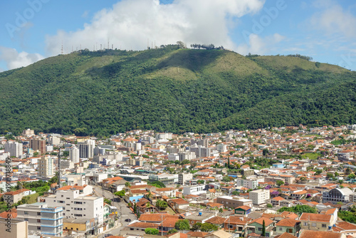 wide aerial view over city of Pocos de Caldas, Minas Gerais, Brazil. and mountain landscape