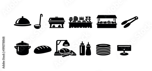Collection of black and white icons representing food service and catering equipment