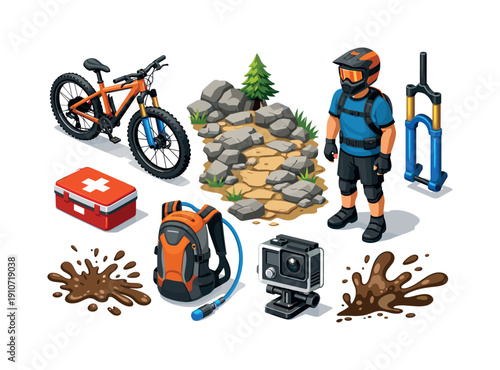 Mountain biking adventure gear and trail elements for extreme sports illustration