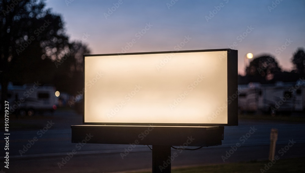 Fototapeta premium Backlit RV park entrance sign glowing against dusk with the signs illuminated text highlighted sharply and surroundings artistically out of focus.