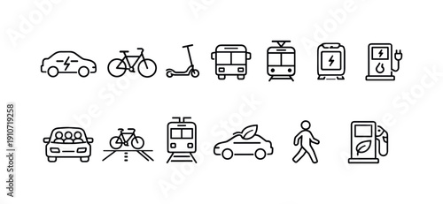 Collection of modern transportation and eco-friendly mobility icons in a clean line art style