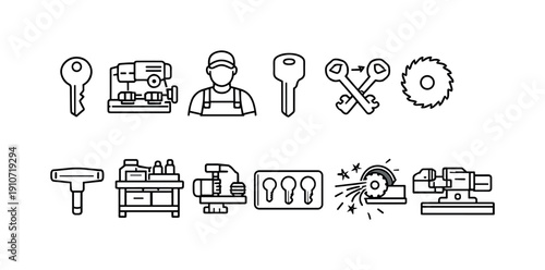 Locksmith tools and equipment icons for key duplication and repair services