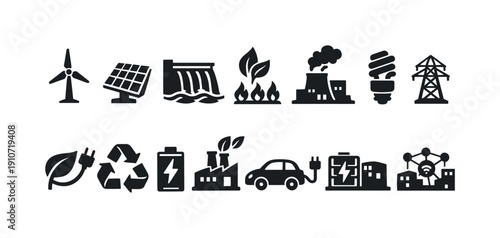 Collection of renewable and traditional energy source icons for a sustainable future