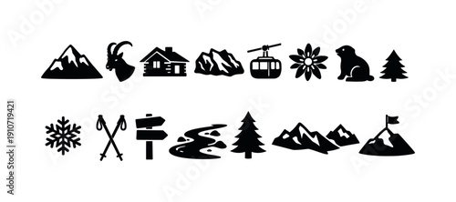 Collection of black and white icons representing mountain life and activities