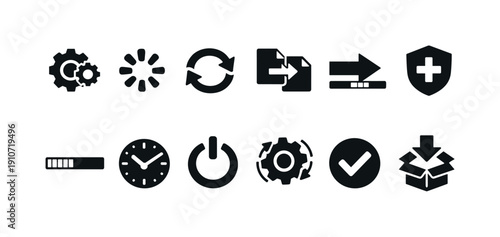Collection of black interface icons representing loading, settings, and actions