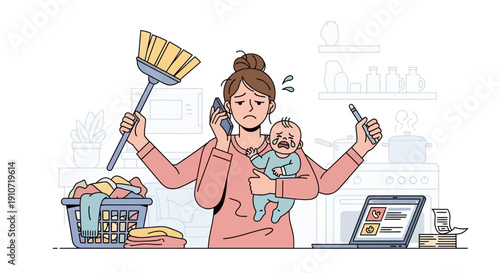 Overwhelmed Mother Multitasking with Baby Work and Household Chores.