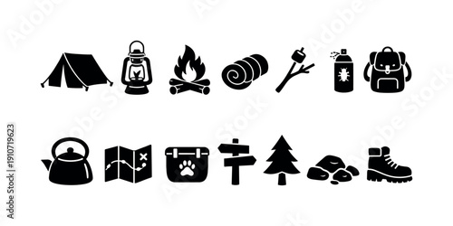 Collection of camping and outdoor adventure icons in a simple black and white style
