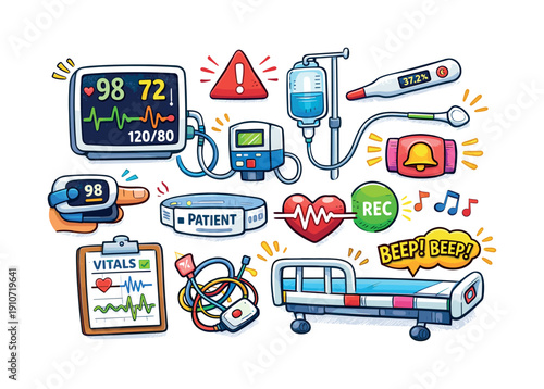 Collection of cartoon medical equipment and hospital items for patient care and monitoring