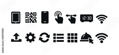 Collection of modern flat icons representing technology, communication, and user interface elements