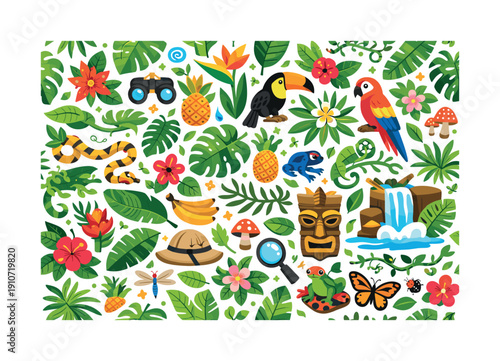Vibrant jungle pattern with exotic animals, tropical plants, and adventure elements