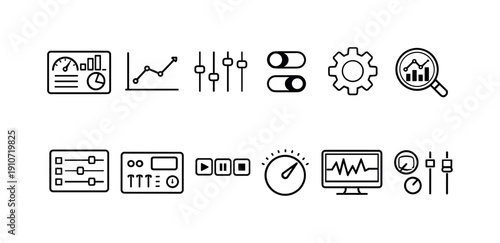 Collection of modern flat icons representing data analysis, settings, and controls