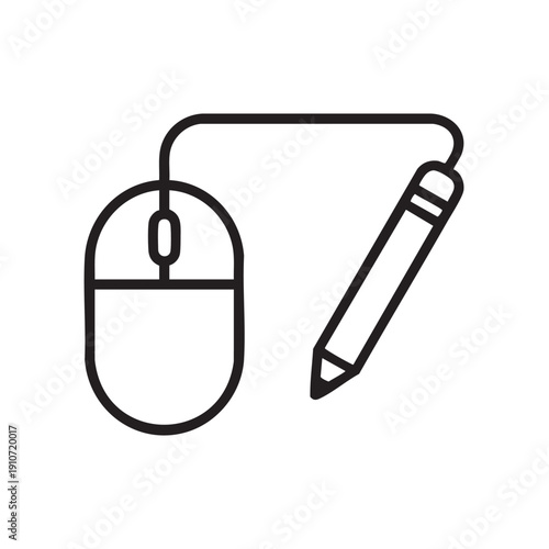 A simple line art illustration of a computer mouse and pencil on a clean background viewed from directly above, symbolizing creativity and digital artistry