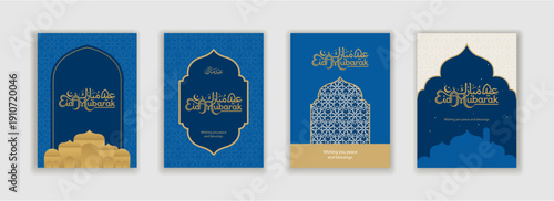Elegant vector illustration collection of vertical greeting cards for Eid al-Fitr or Eid al-Adha. Designs include golden Arabic calligraphy for "Eid Mubarak," ornate mosque silhouettes, and classic Is