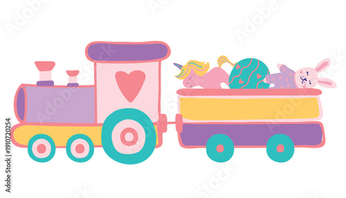 Cute toy train with steam locomotive and wagon carrying unicorn and bunny. Wooden railway transport for nursery playroom vector