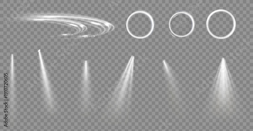 Light effect set. Glow isolated white transparent light effect set, lens flare, explosion, glitter, dust, line, sun flash, spark and stars, spotlight, curve twirl.