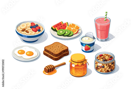 Healthy breakfast assortment with oatmeal, fruits, yogurt, eggs, toast, and smoothie