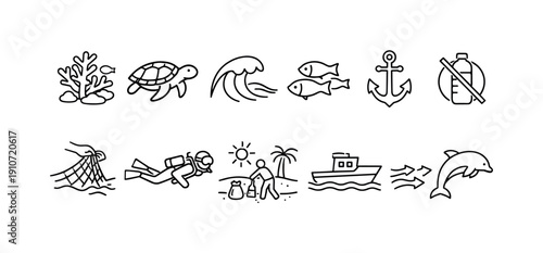 Marine life conservation and ocean protection icons set with coral, turtle, waves, fish, anchor, and diver
