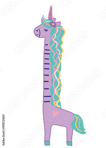 Cute stylized tall unicorn with long neck and colorful mane. Magic fairytale animal character for kids nursery print vector.