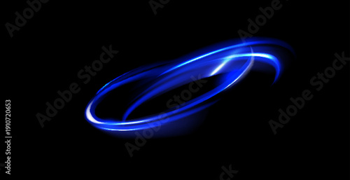 Circular light trail.Blue neon circle light.Blue glowing rings of light spinning.