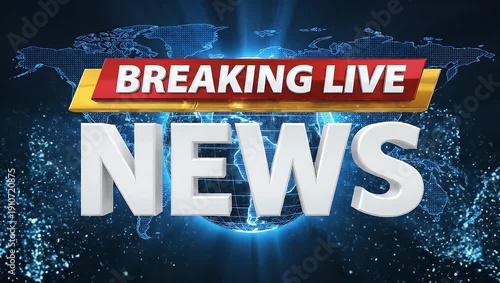 Three dimensional graphic text displaying a breaking live news title over a glowing digital world map background