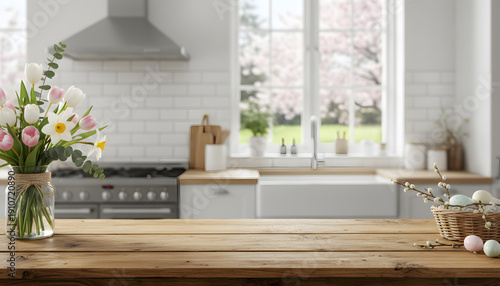 Empty wooden table with blur kitchen and spring decoration, Mock up for display or montage of product,Banner or header for advertise on social media