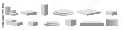 empty podium collection. white round, square and rectangle product stage. vector