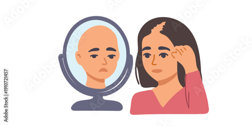 woman with early hair loss looking in mirror at bald reflection