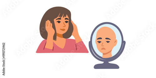 young woman noticing hair loss reflected in mirror