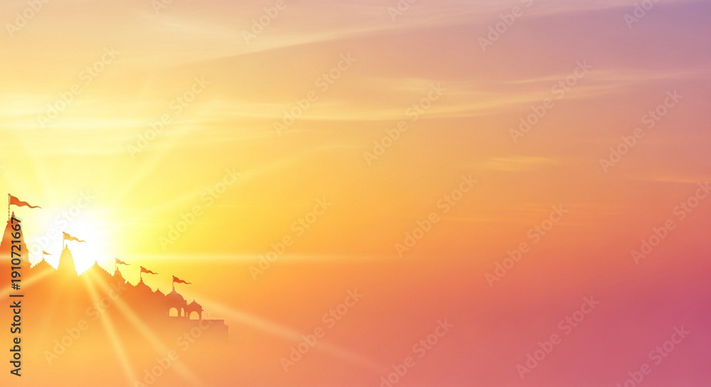 Fototapeta premium Ram Navami Sunrise with Ayodhya Temple Silhouettes