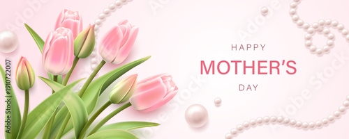 Text and a bouquet of flowers isolated on a light background. Pink Tulips. Banner for Mother's Day.