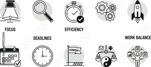 Collection of monochrome productivity icons representing focus, efficiency, and work balance in a modern office environment viewed from directly above