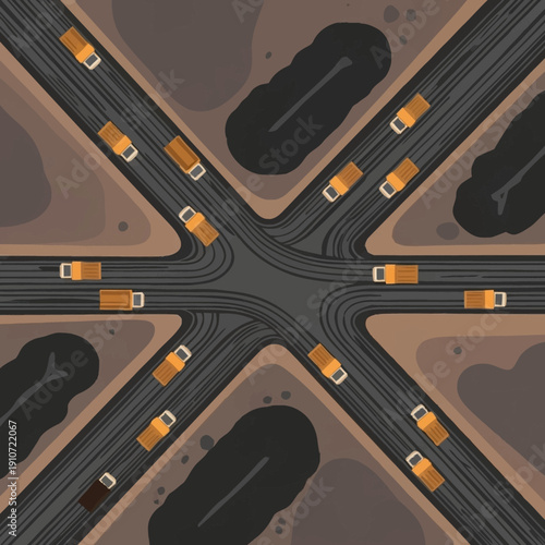Busy intersection with multiple cars driving on a crossroad.