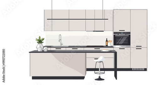 Modern minimalist kitchen with island and integrated appliances.