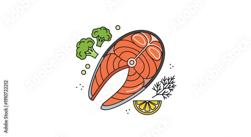 Fresh Salmon Steak with Broccoli and Lemon Slice.